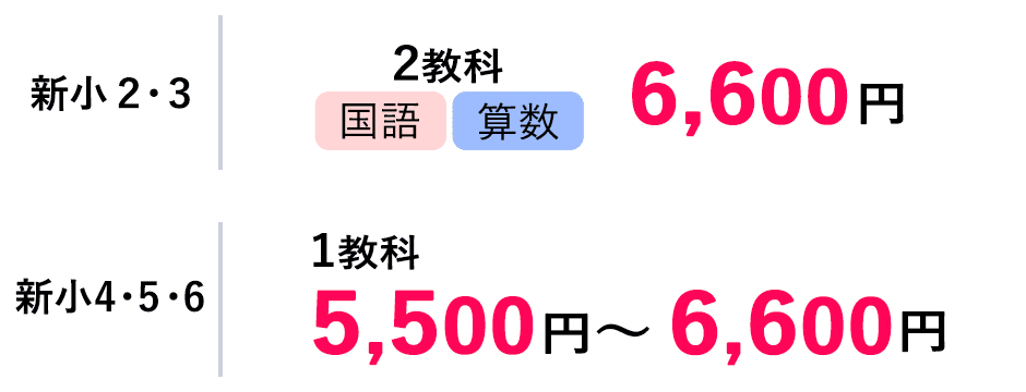 小2・3 2教科国語・算数 6,600円 小4・5・6 1教科 5,500円~6,600円