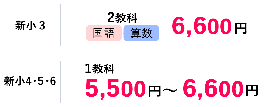 小3 2教科国語・算数 6,600円 小4・5・6 1教科 5,500円~6,600円