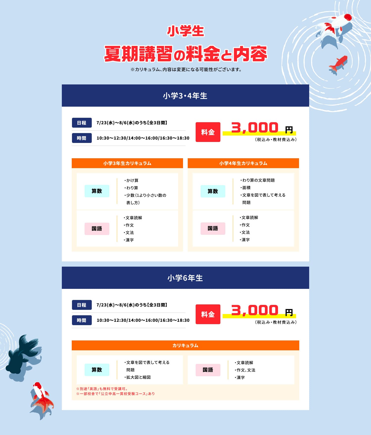 小学生 夏期講習の料金と内容